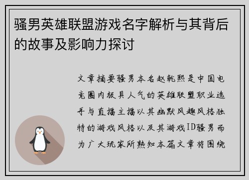 骚男英雄联盟游戏名字解析与其背后的故事及影响力探讨
